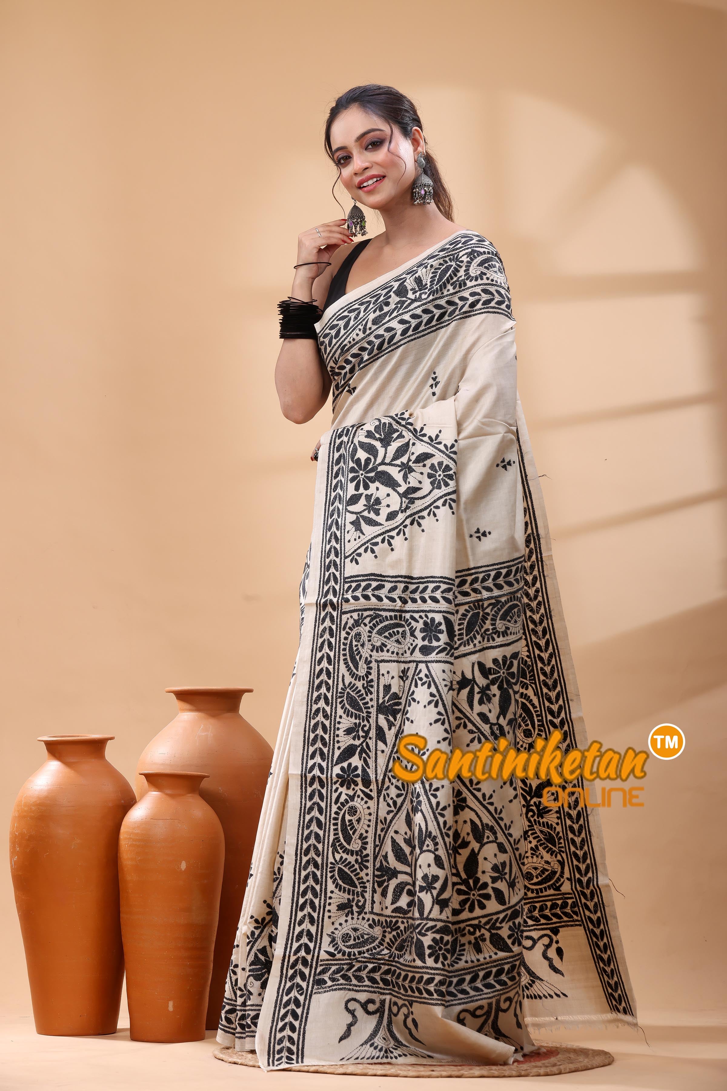 Pure Gachi Tussar Silk Kantha Stitch Saree