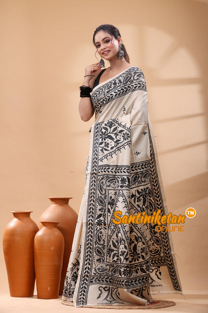 Pure Gachi Tussar Silk Kantha Stitch Saree