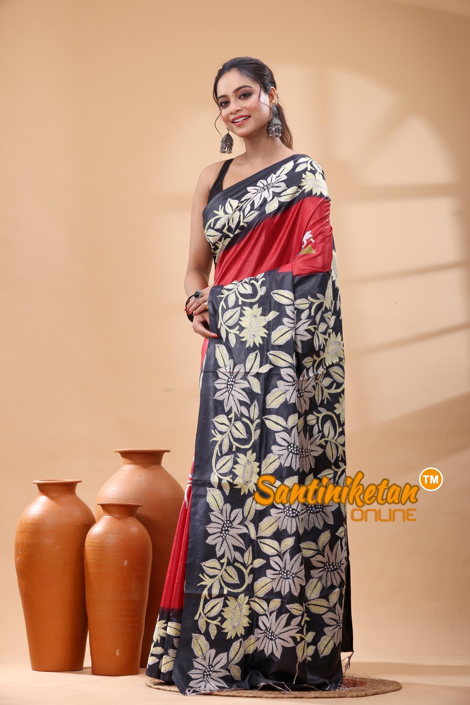 Pure Dye Tussar Silk Kantha Stitch Saree