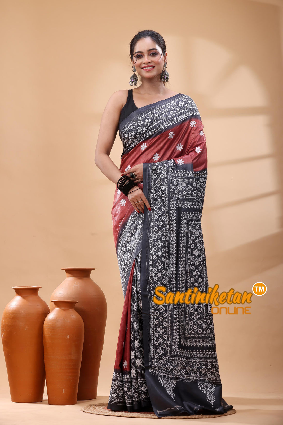 Pure Dye Tussar Silk Kantha Stitch Saree