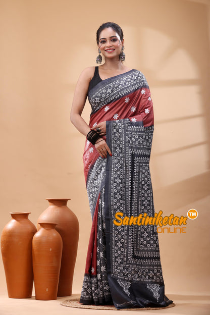 Pure Dye Tussar Silk Kantha Stitch Saree
