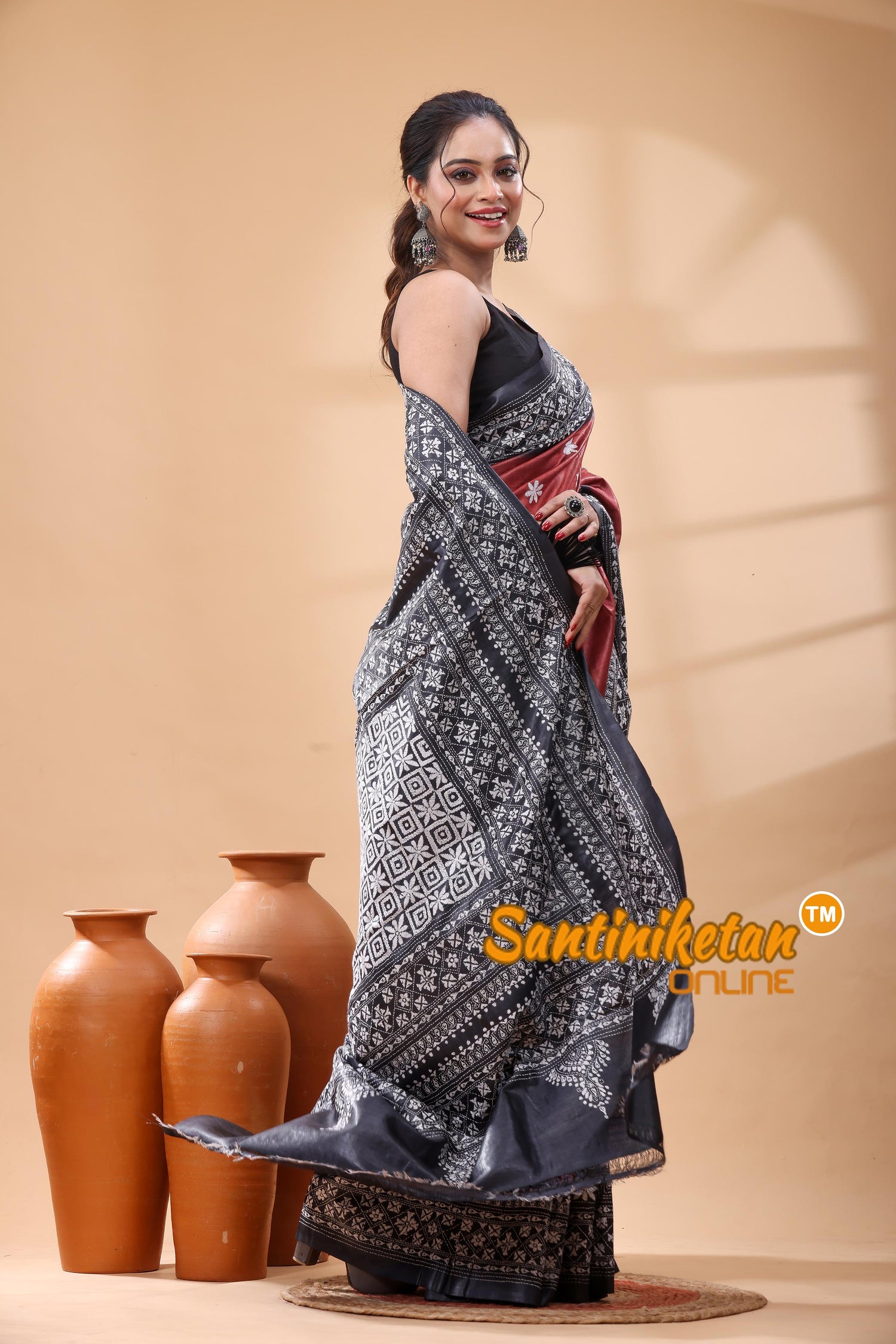 Pure Dye Tussar Silk Kantha Stitch Saree