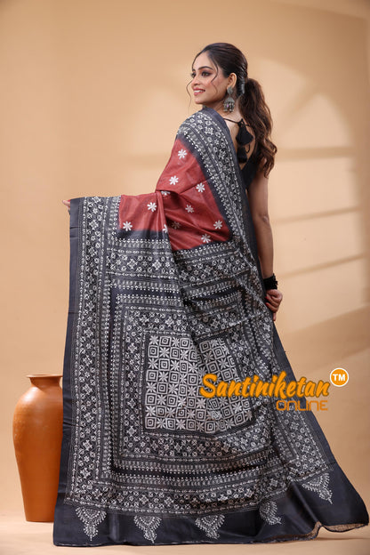 Pure Dye Tussar Silk Kantha Stitch Saree