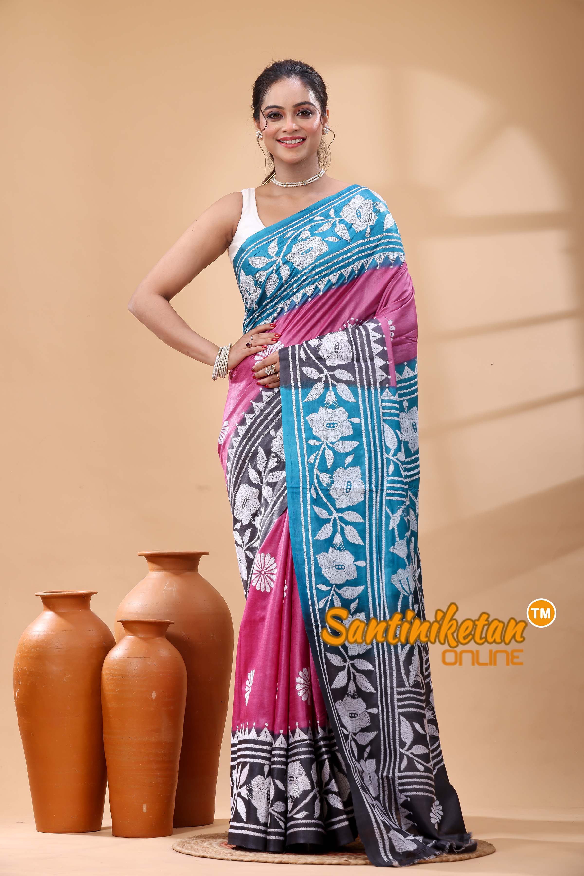 Pure Dye Tussar Silk Kantha Stitch Saree