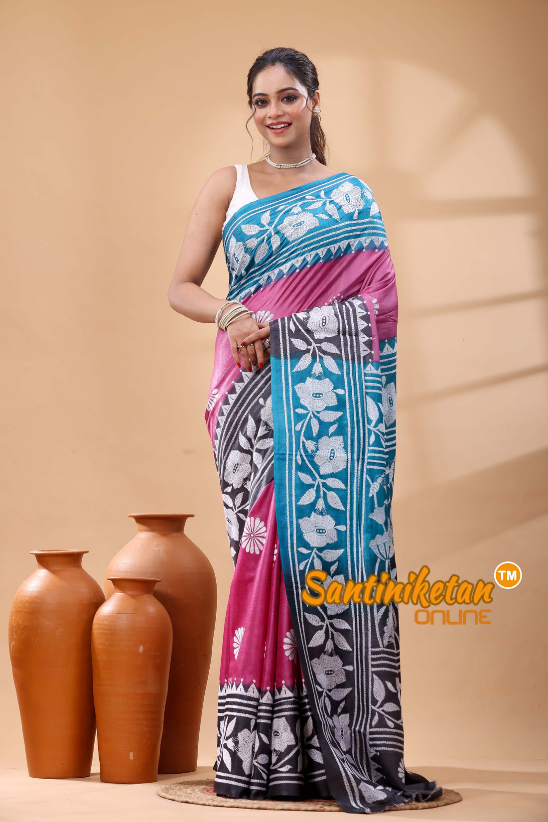 Pure Dye Tussar Silk Kantha Stitch Saree