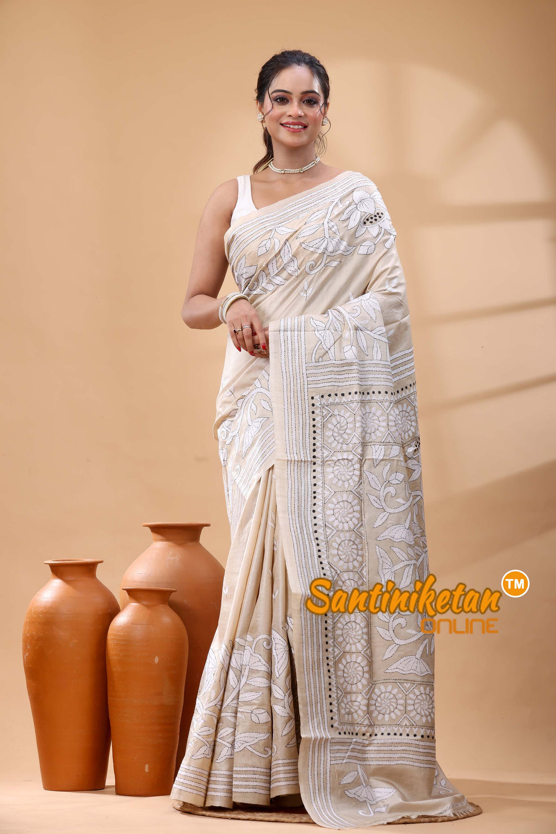 Pure Gachi Tussar Silk Kantha Stitch Saree