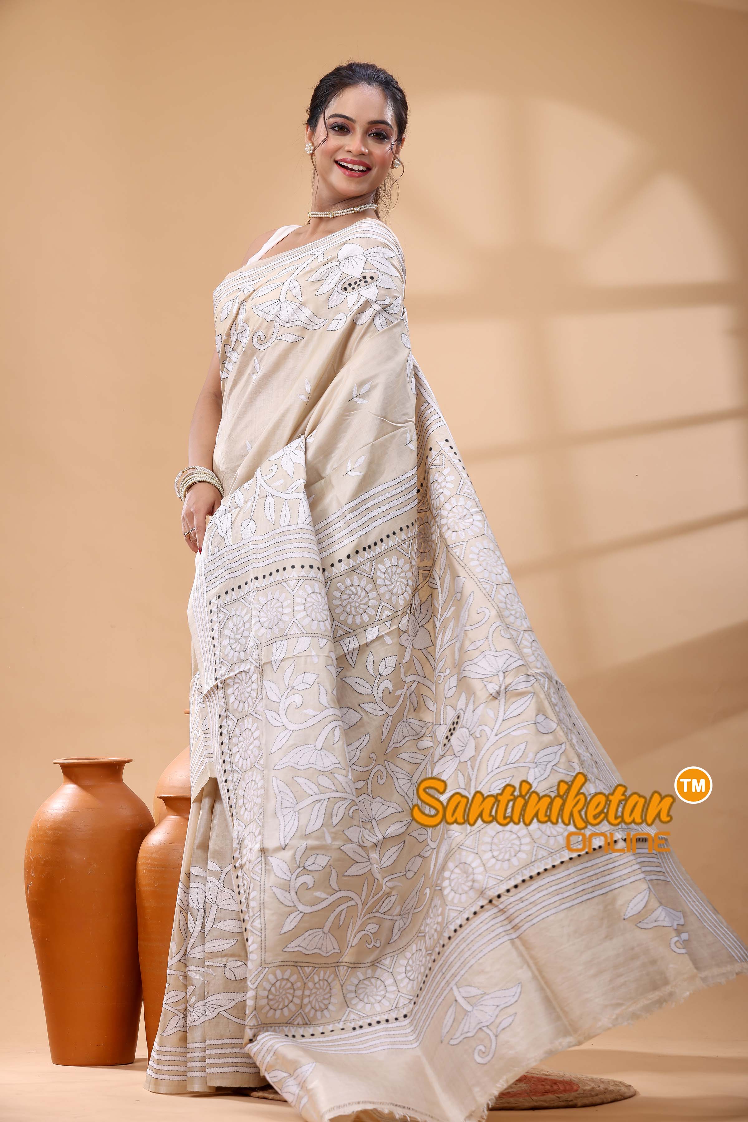 Pure Gachi Tussar Silk Kantha Stitch Saree