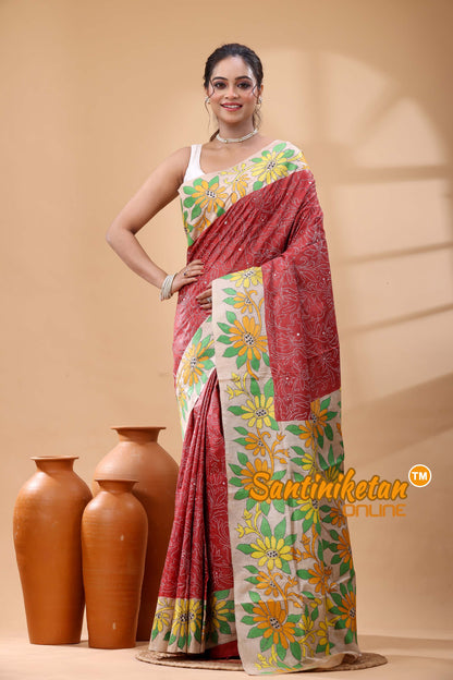 Pure Dye Tussar Silk Kantha Stitch Saree