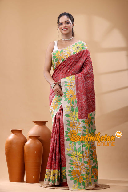 Pure Dye Tussar Silk Kantha Stitch Saree