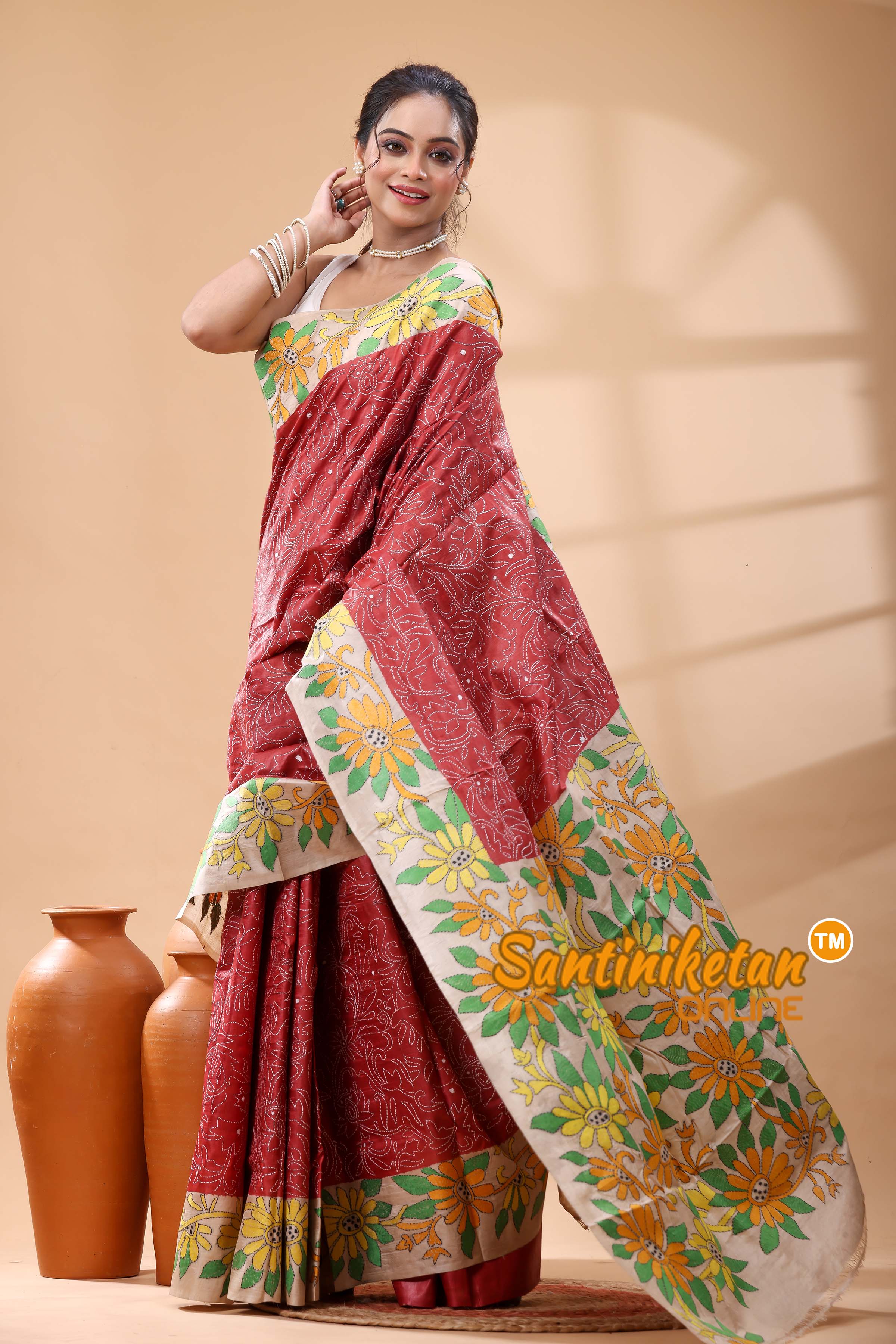 Pure Dye Tussar Silk Kantha Stitch Saree