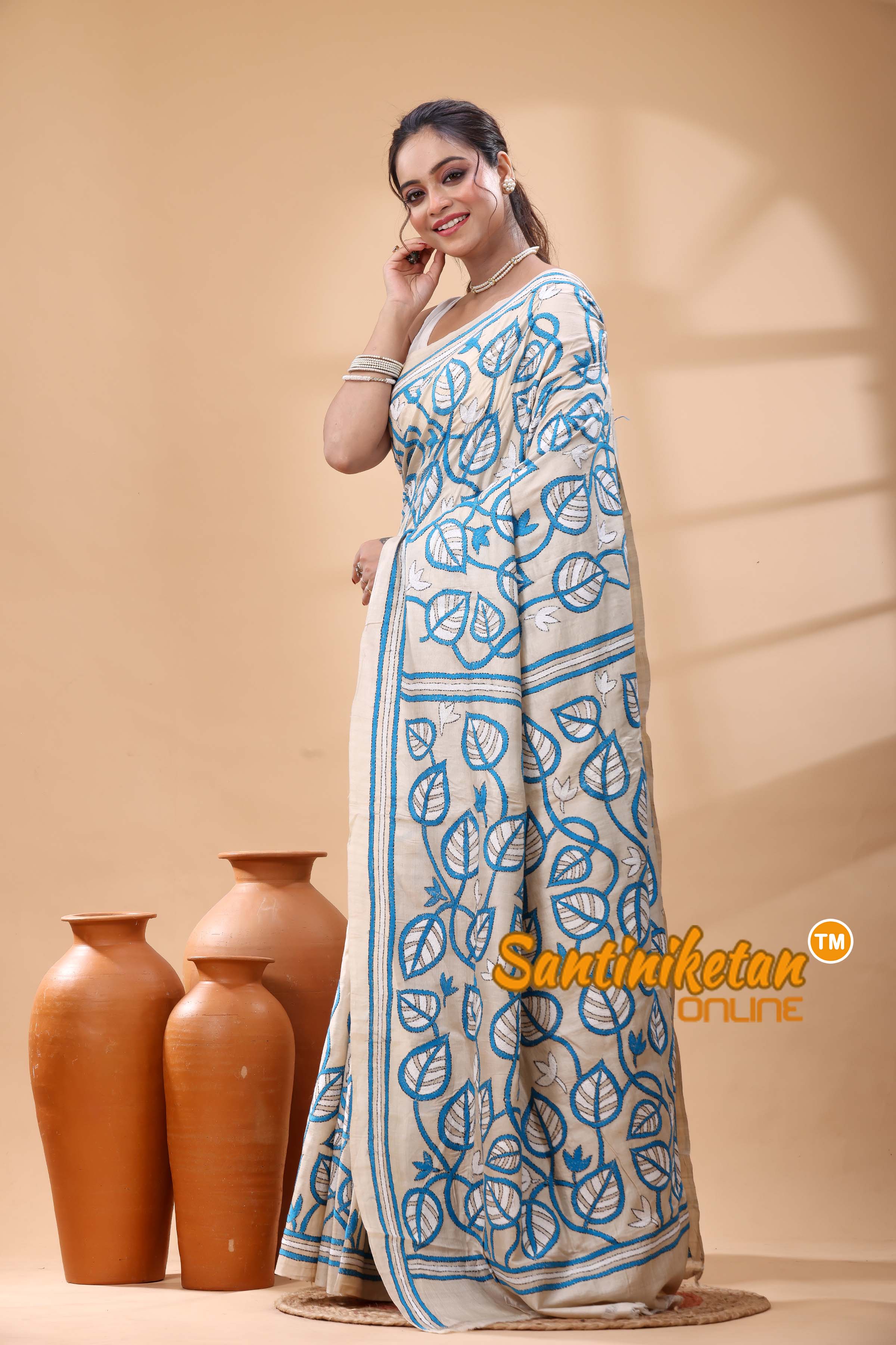 Pure Gachi Tussar Silk Kantha Stitch Saree