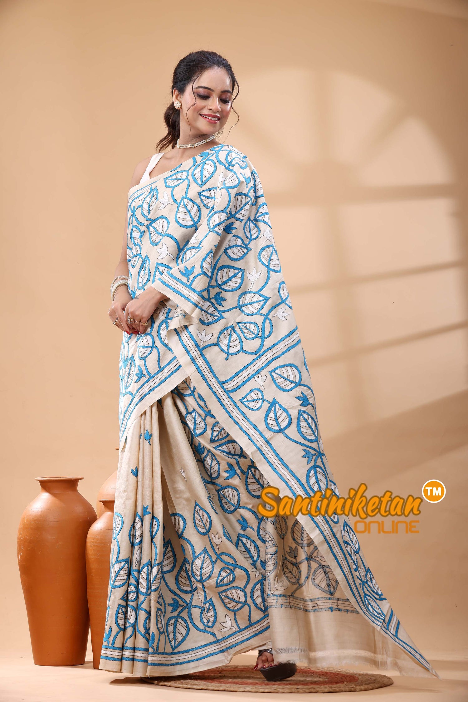 Pure Gachi Tussar Silk Kantha Stitch Saree