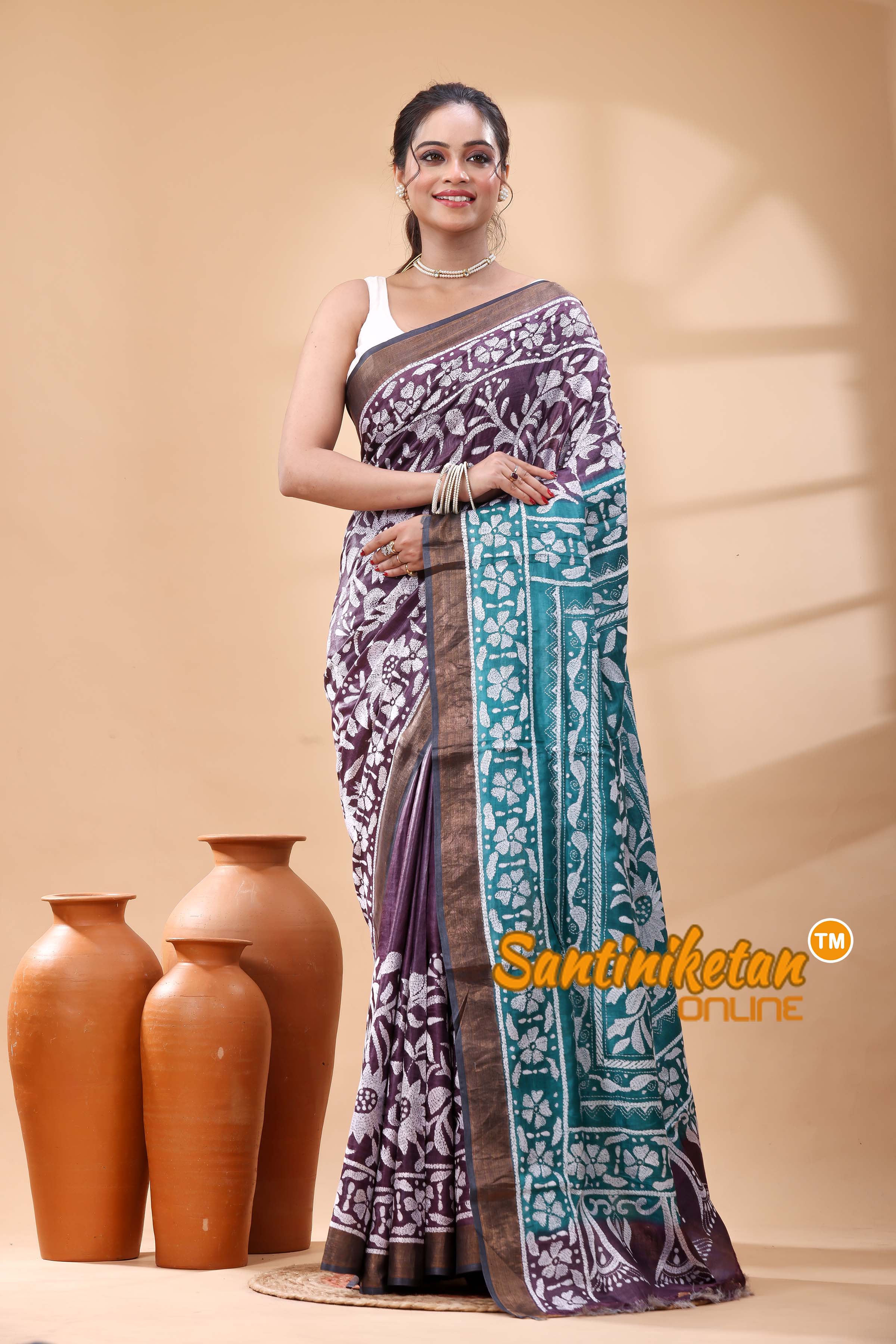 Pure Dye Tussar Silk Kantha Stitch Saree