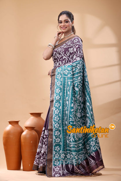 Pure Dye Tussar Silk Kantha Stitch Saree
