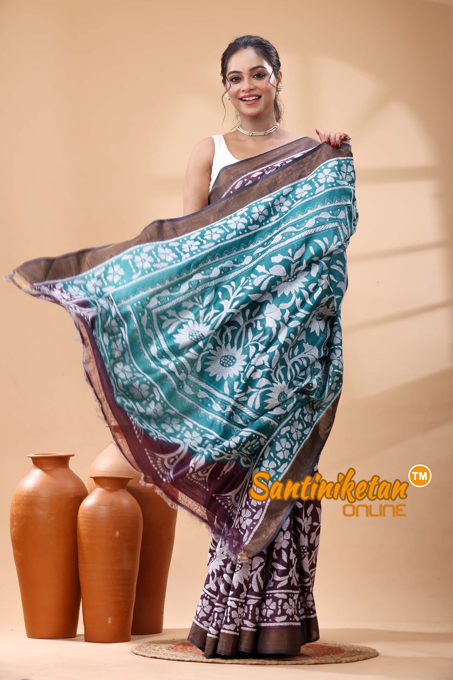 Pure Dye Tussar Silk Kantha Stitch Saree