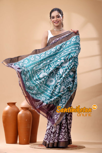 Pure Dye Tussar Silk Kantha Stitch Saree