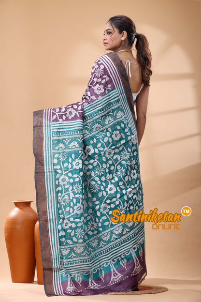 Pure Dye Tussar Silk Kantha Stitch Saree