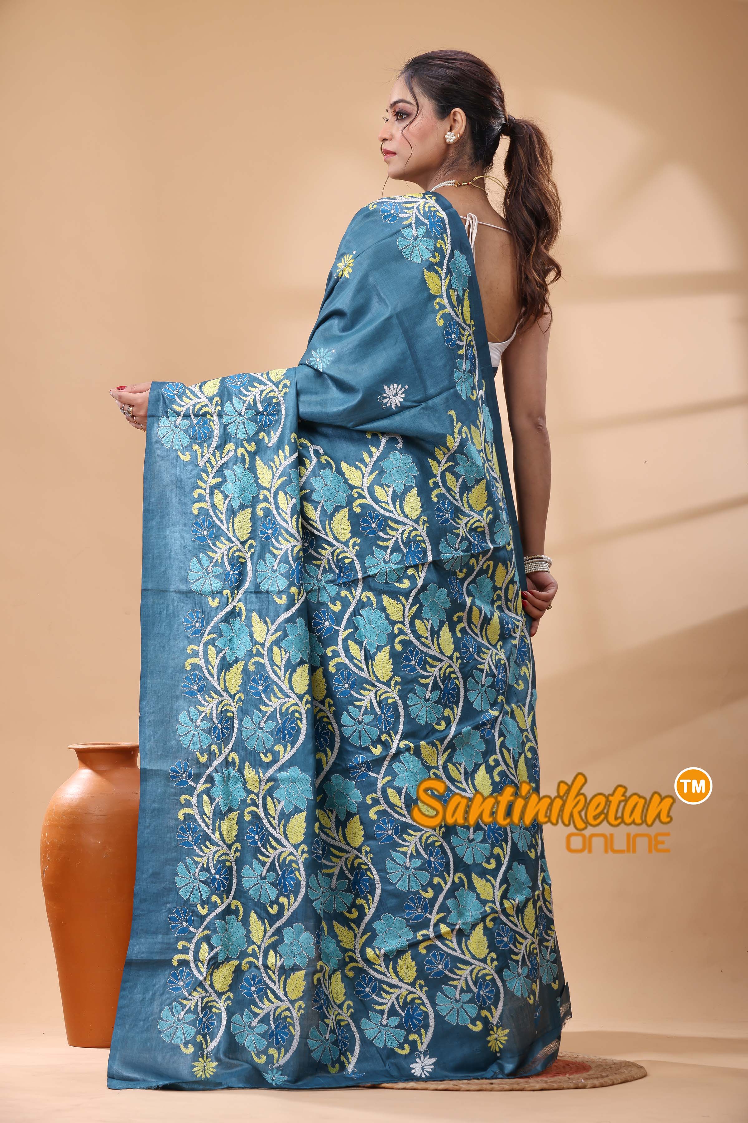 Pure Dye Tussar Silk Kantha Stitch Saree
