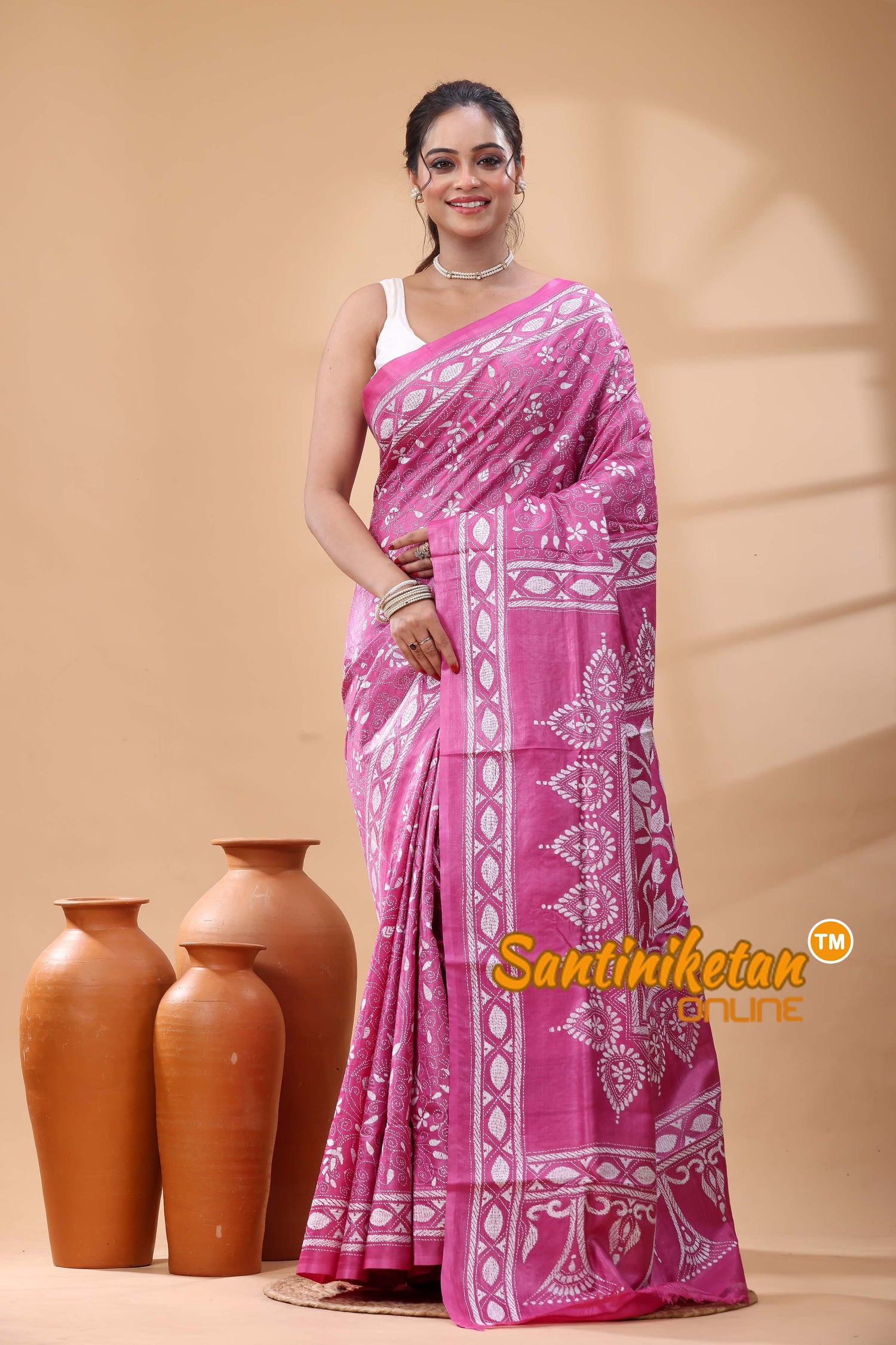 Pure Dye Tussar Silk Kantha Stitch Saree