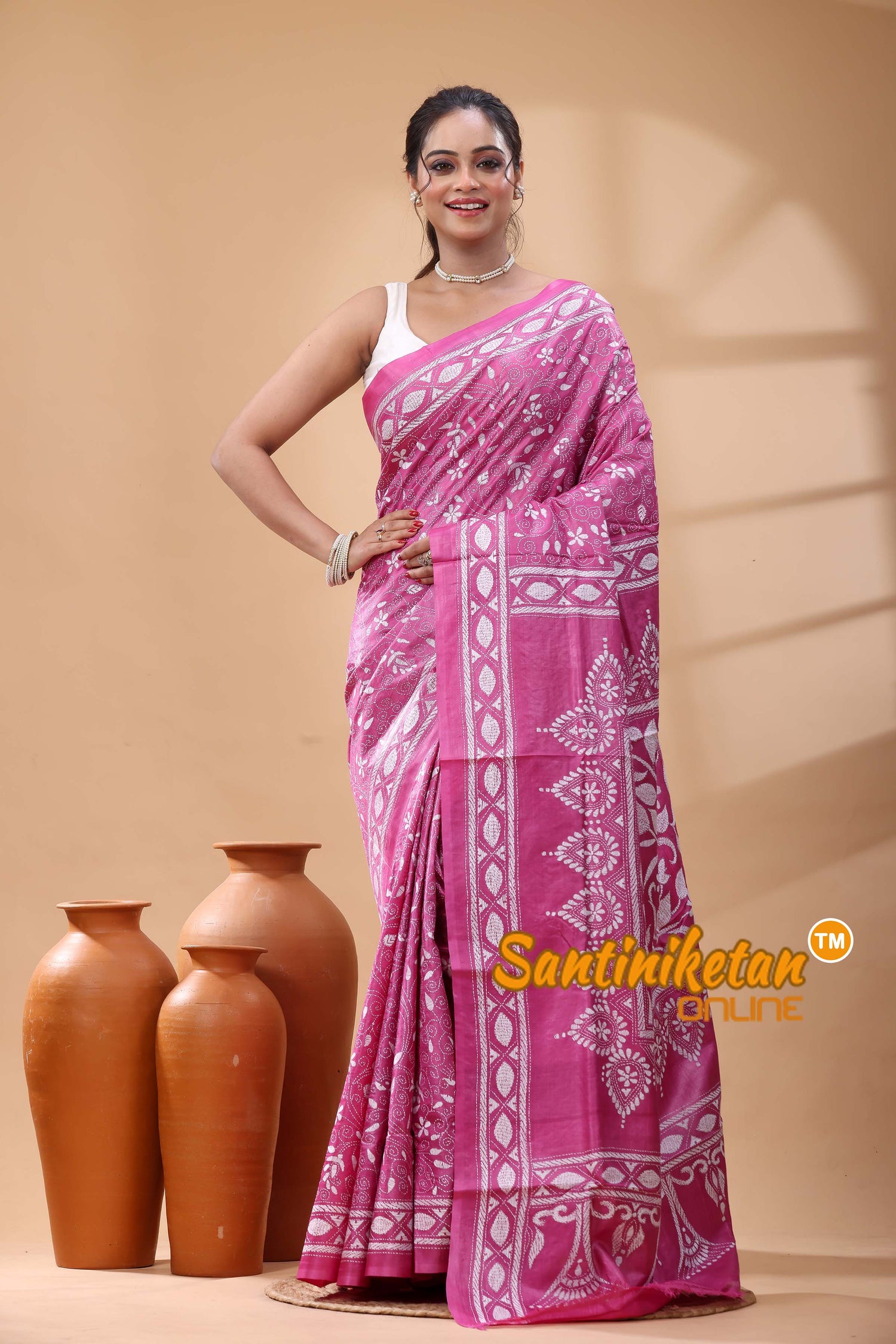 Pure Dye Tussar Silk Kantha Stitch Saree