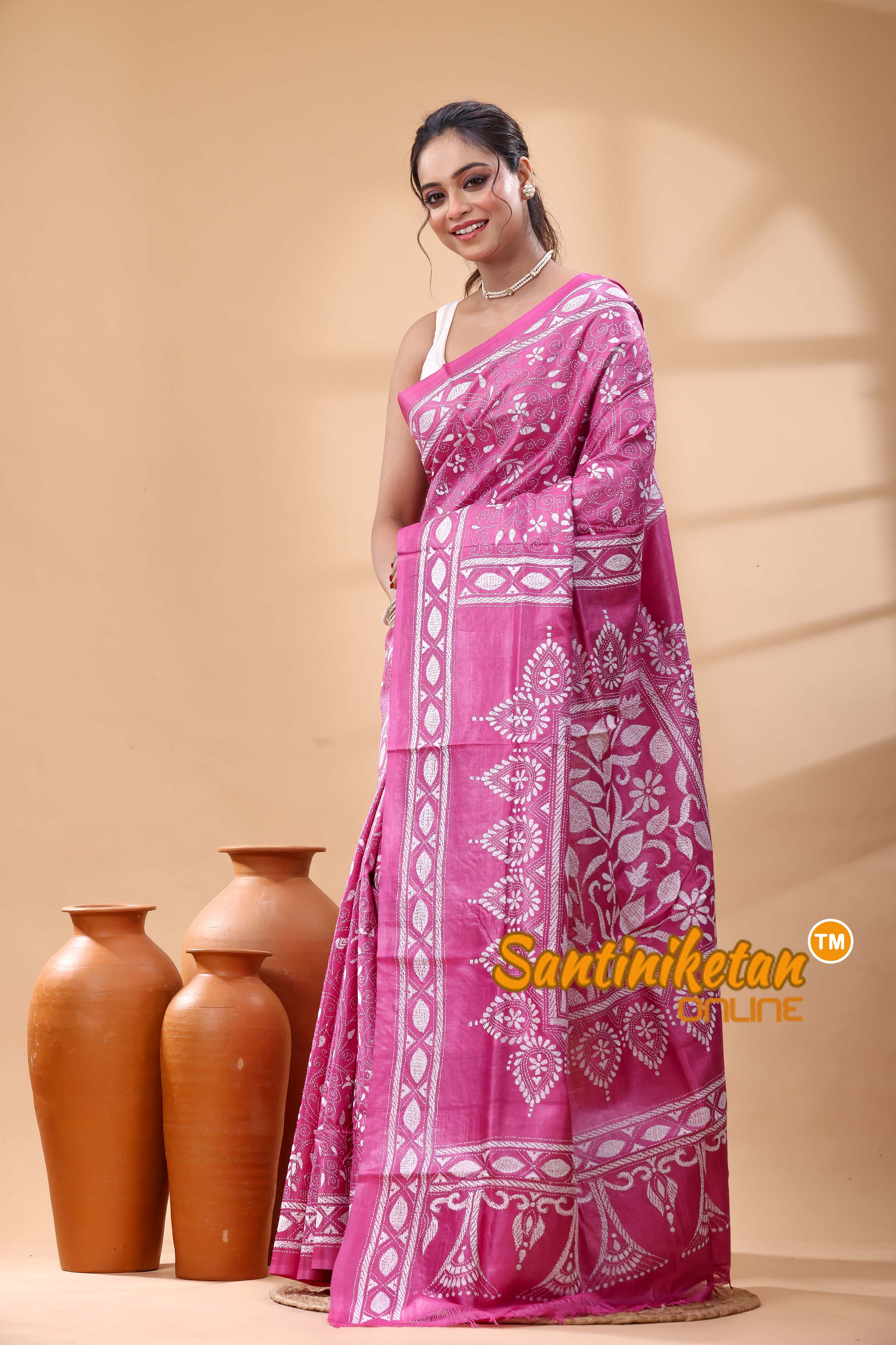 Pure Dye Tussar Silk Kantha Stitch Saree