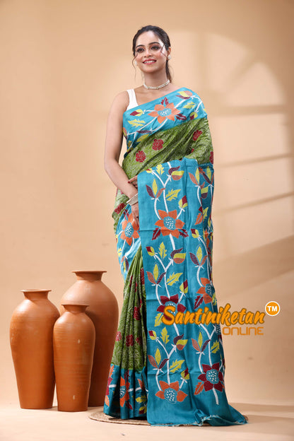 Pure Dye Tussar Silk Kantha Stitch Saree