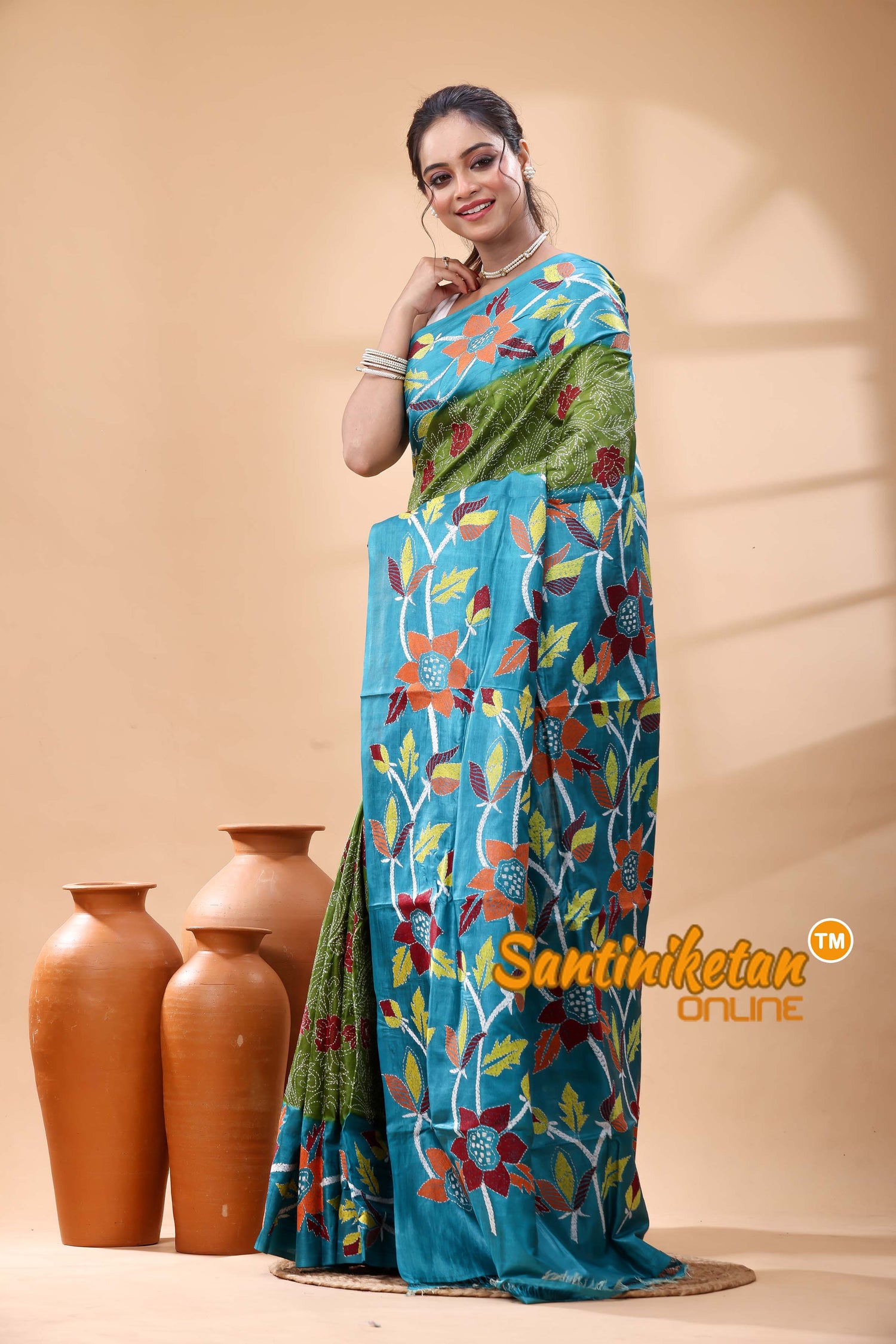 Pure Dye Tussar Silk Kantha Stitch Saree