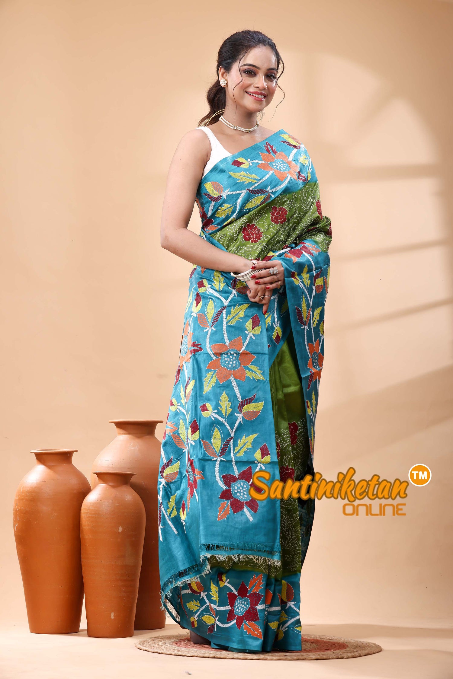 Pure Dye Tussar Silk Kantha Stitch Saree