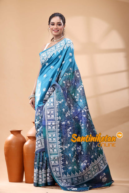 Pure Dye Tussar Silk Kantha Stitch Saree