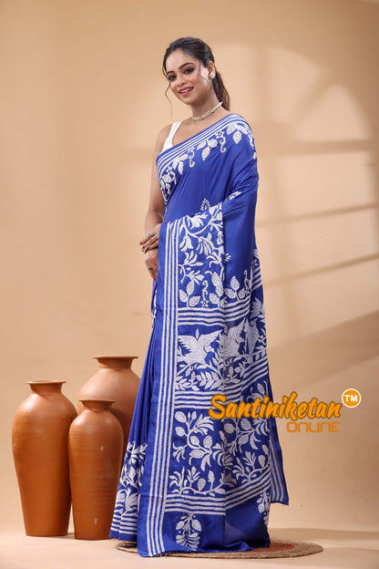 Pure Dye Tussar Silk Kantha Stitch Saree