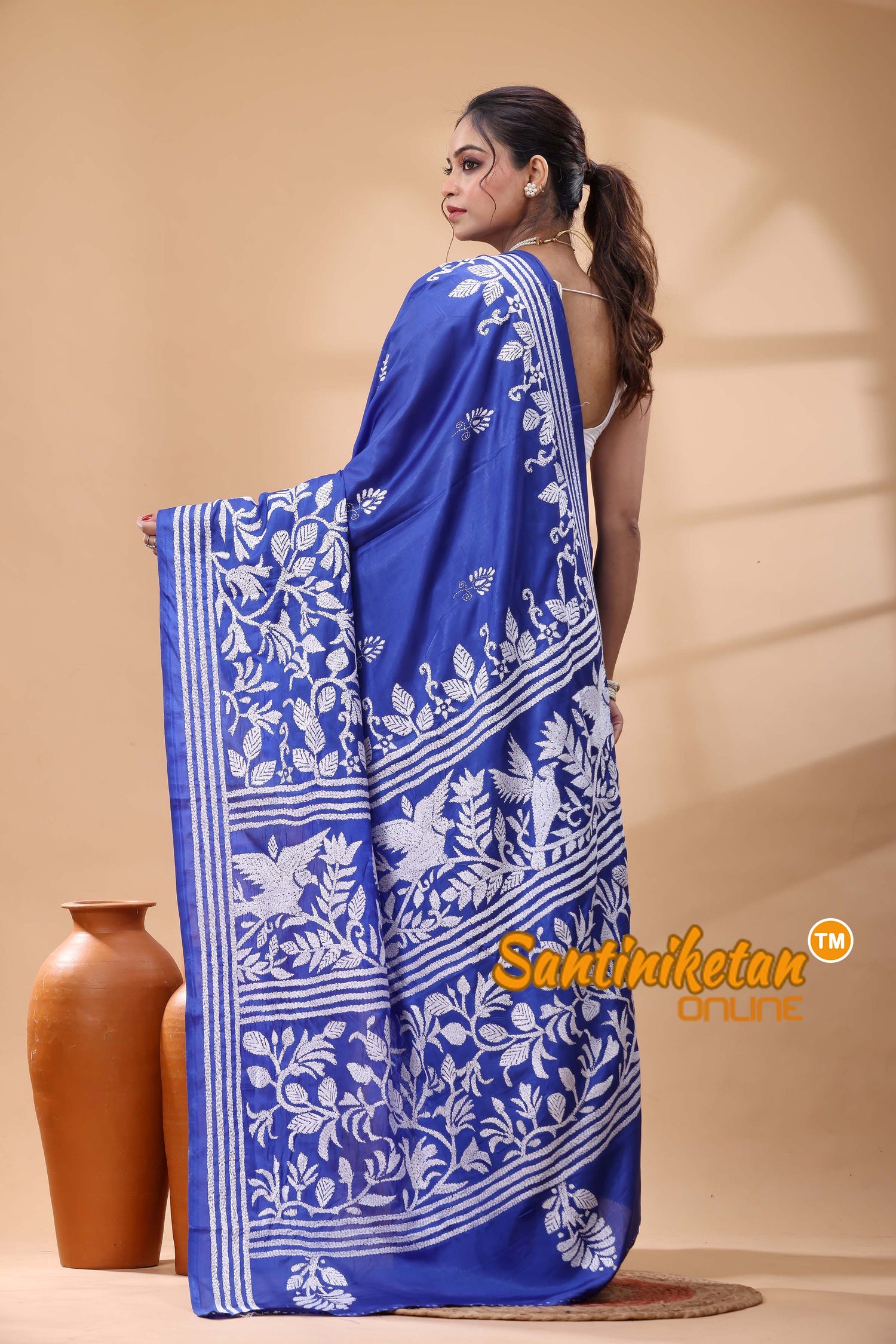 Pure Dye Tussar Silk Kantha Stitch Saree
