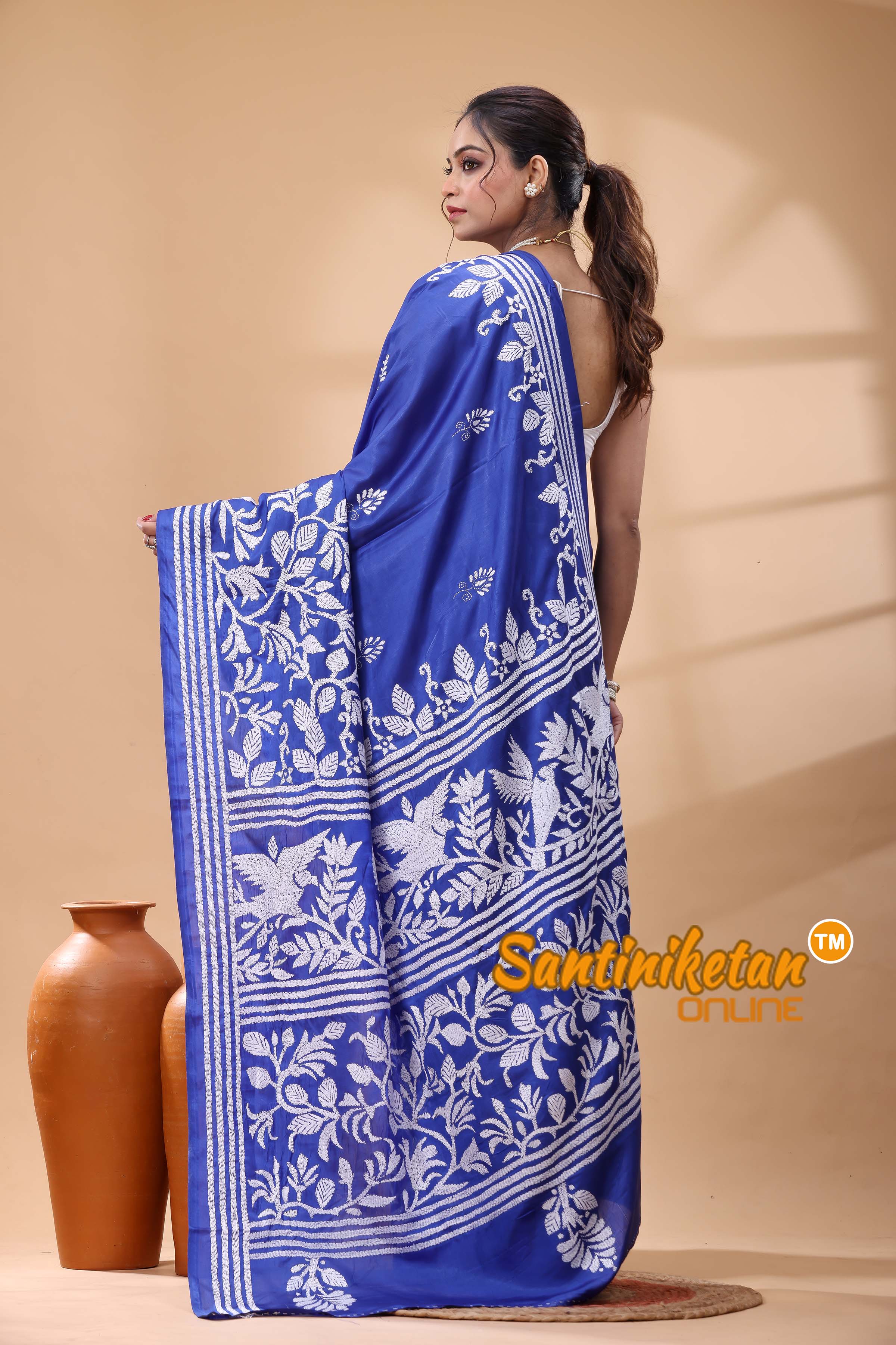 Pure Dye Tussar Silk Kantha Stitch Saree