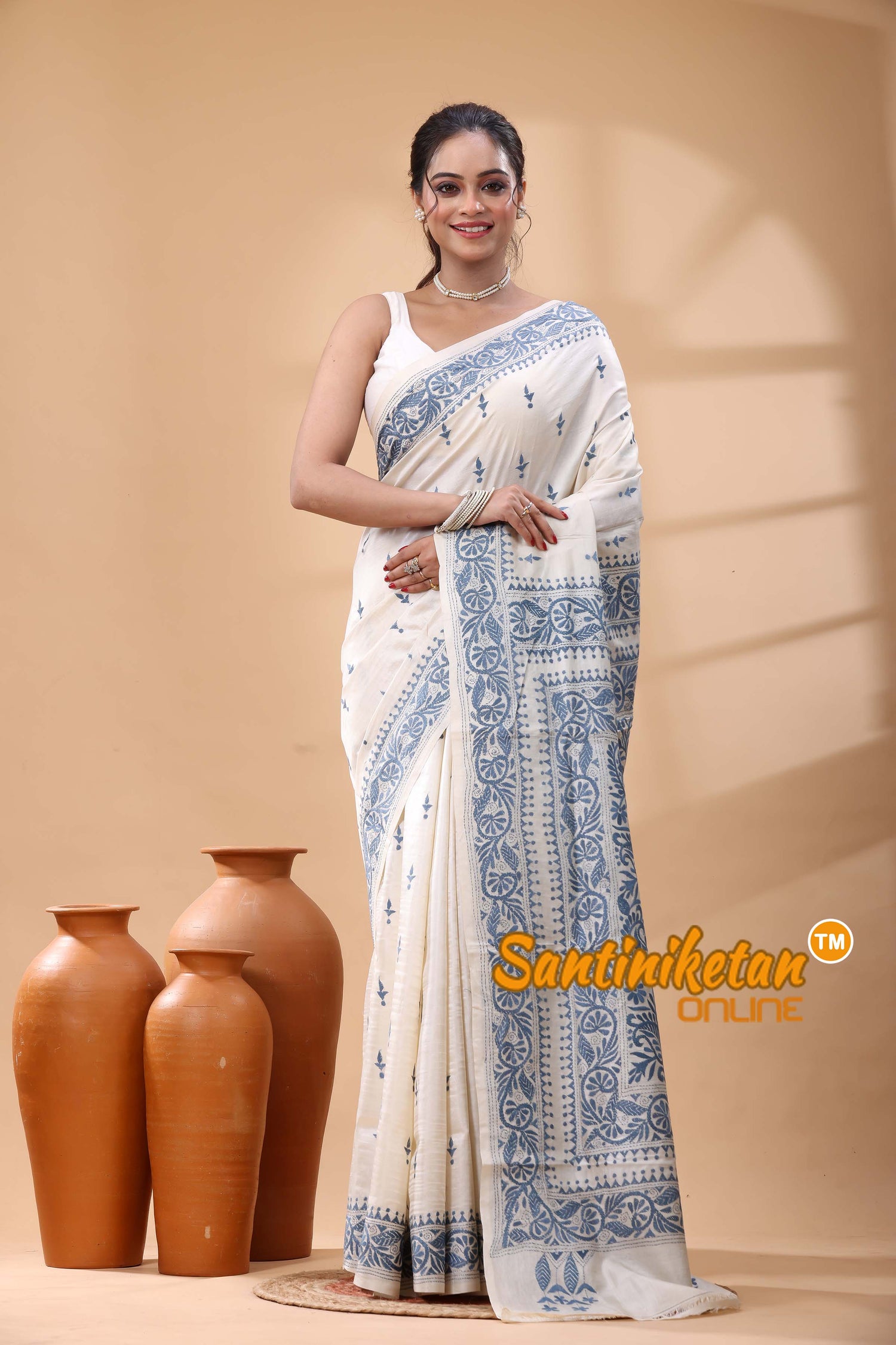Pure Tussar Silk Kantha Stitch Saree