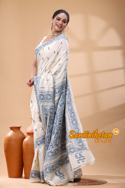 Pure Tussar Silk Kantha Stitch Saree