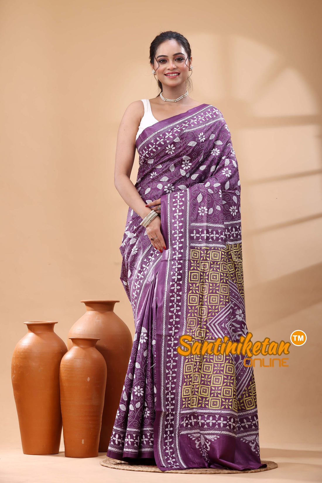 Pure Dye Tussar Silk Kantha Stitch Saree