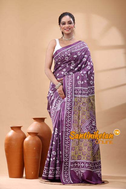 Pure Dye Tussar Silk Kantha Stitch Saree