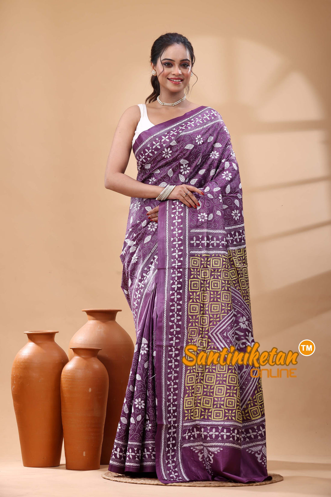 Pure Dye Tussar Silk Kantha Stitch Saree