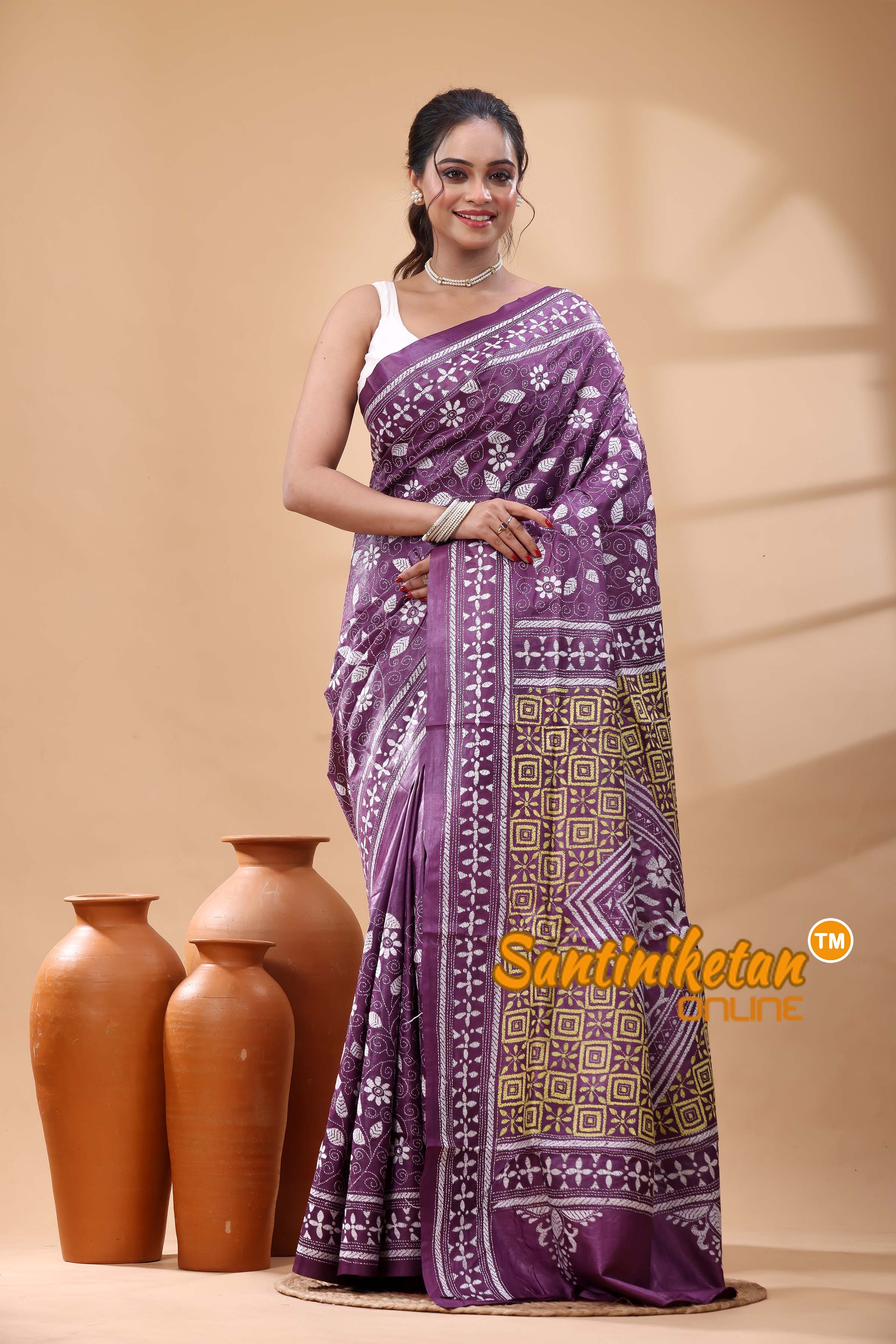 Pure Dye Tussar Silk Kantha Stitch Saree