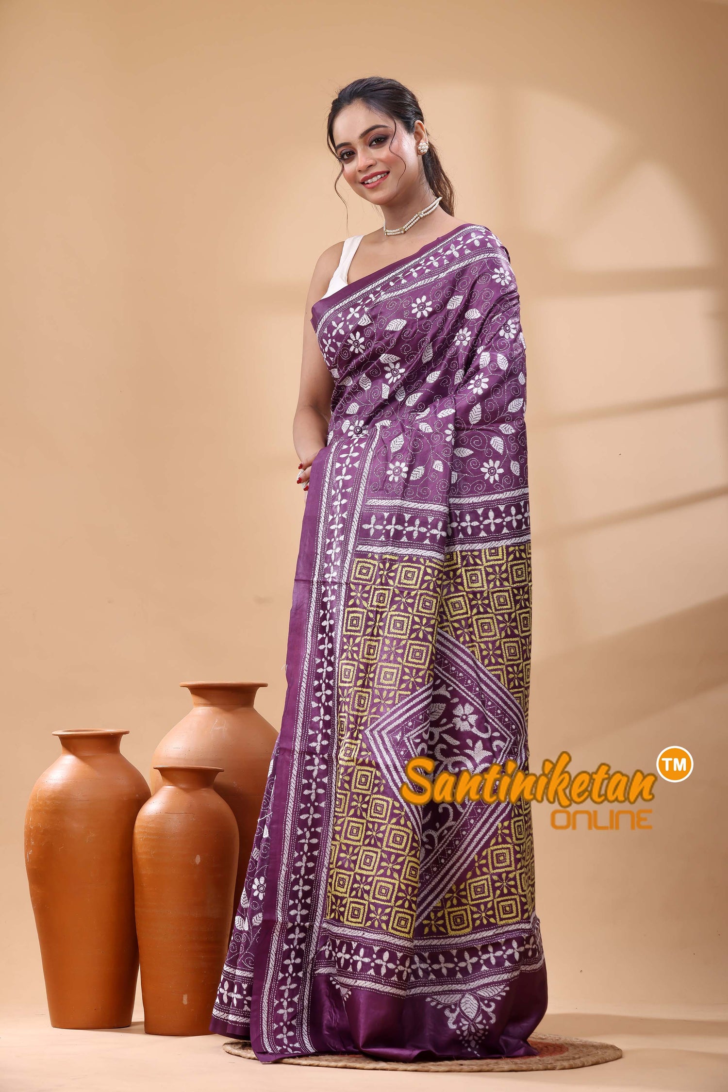 Pure Dye Tussar Silk Kantha Stitch Saree