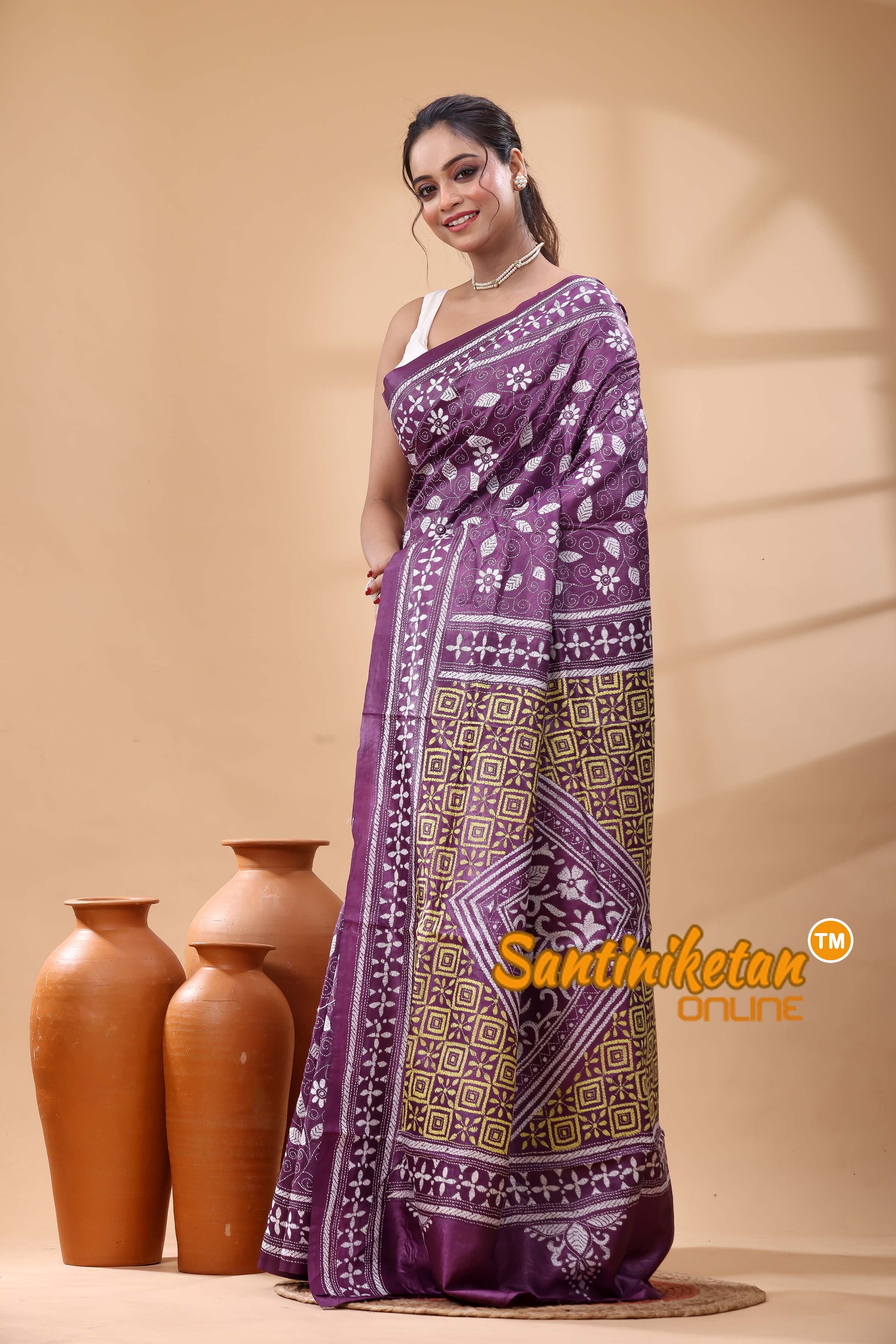 Pure Dye Tussar Silk Kantha Stitch Saree