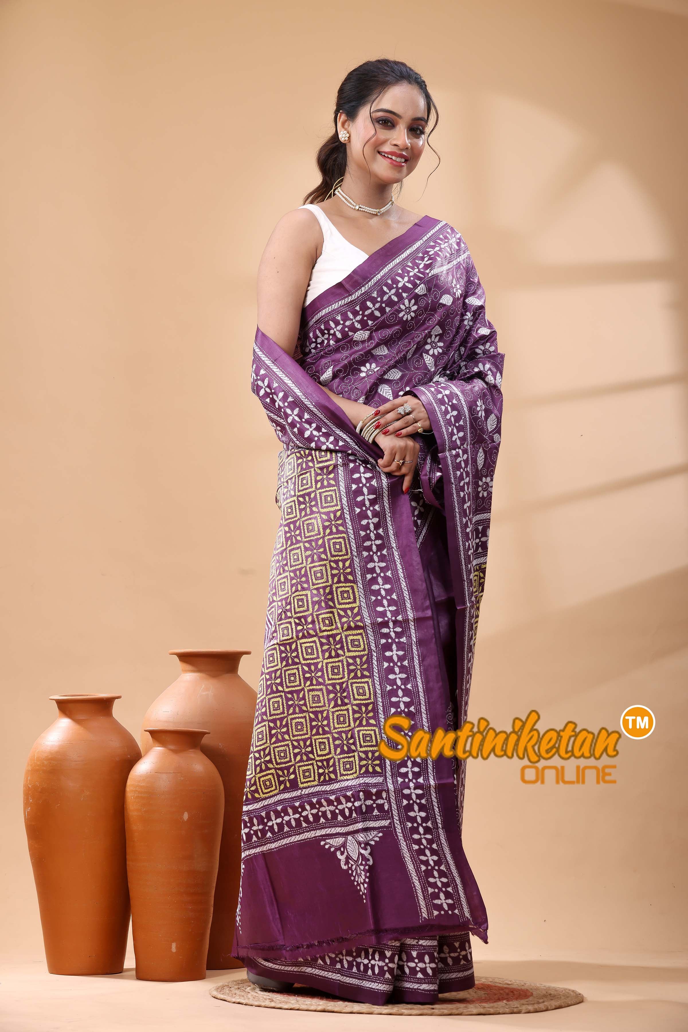 Pure Dye Tussar Silk Kantha Stitch Saree