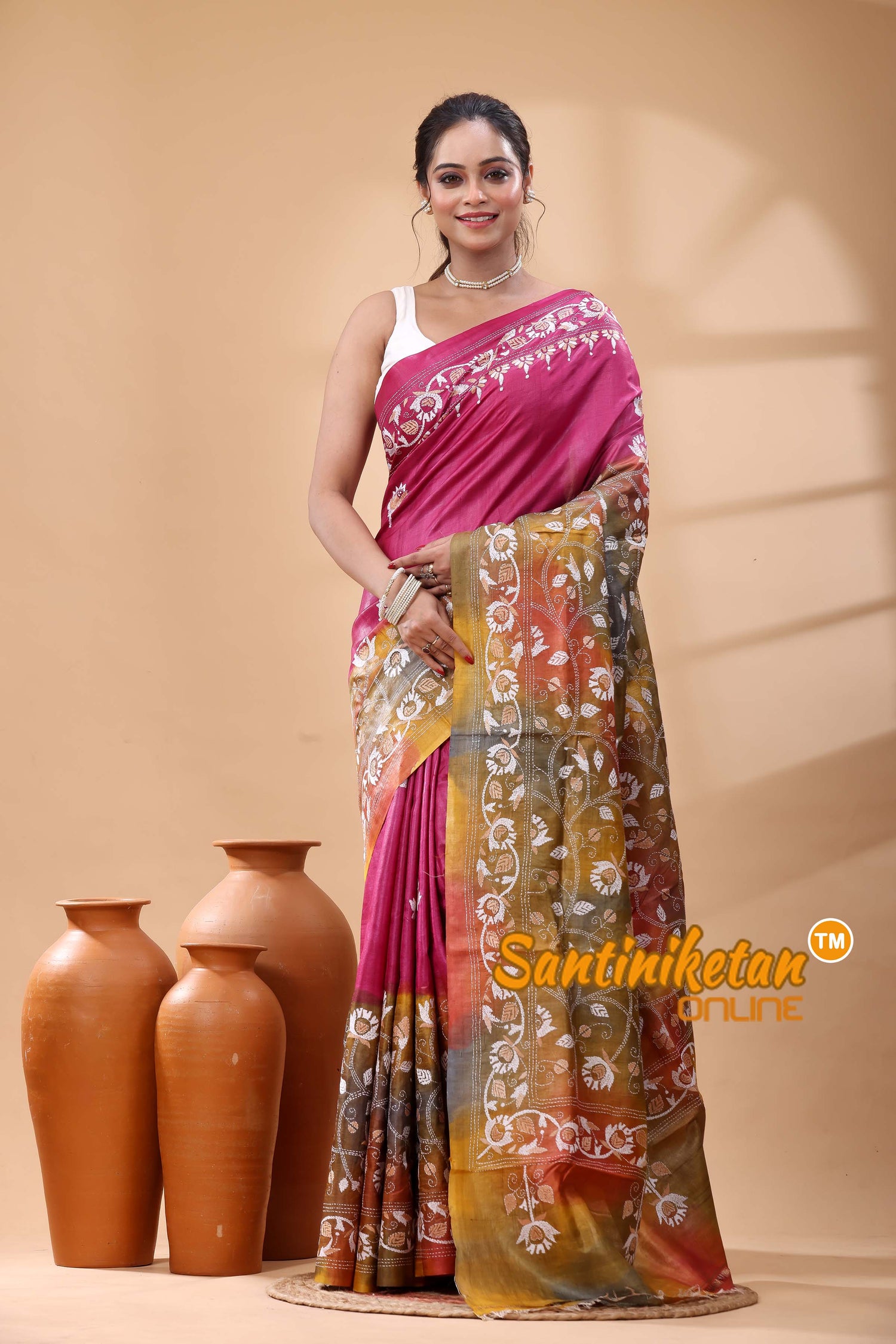 Pure Dye Tussar Silk Kantha Stitch Saree