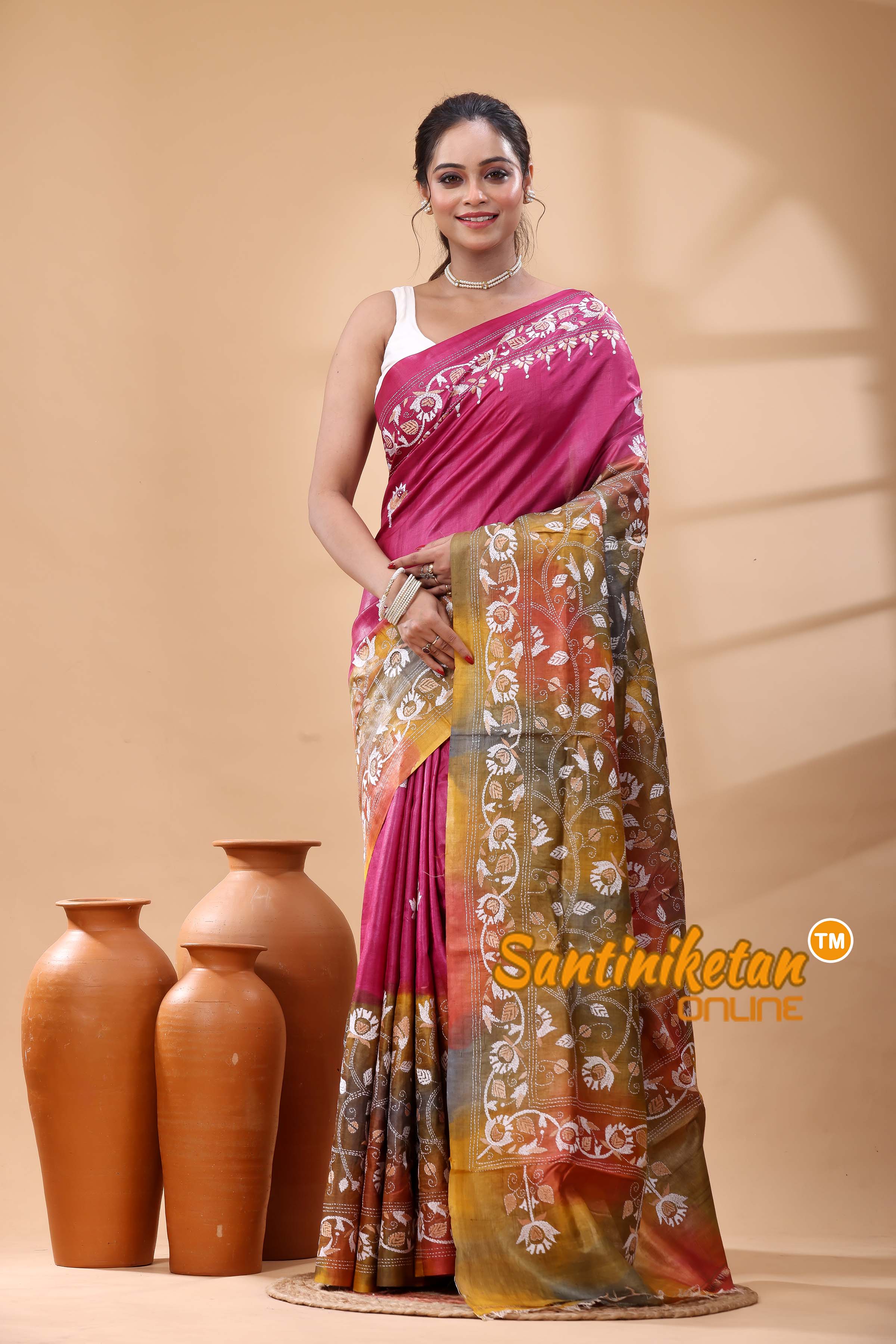 Pure Dye Tussar Silk Kantha Stitch Saree