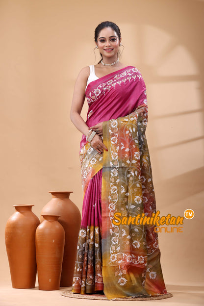 Pure Dye Tussar Silk Kantha Stitch Saree