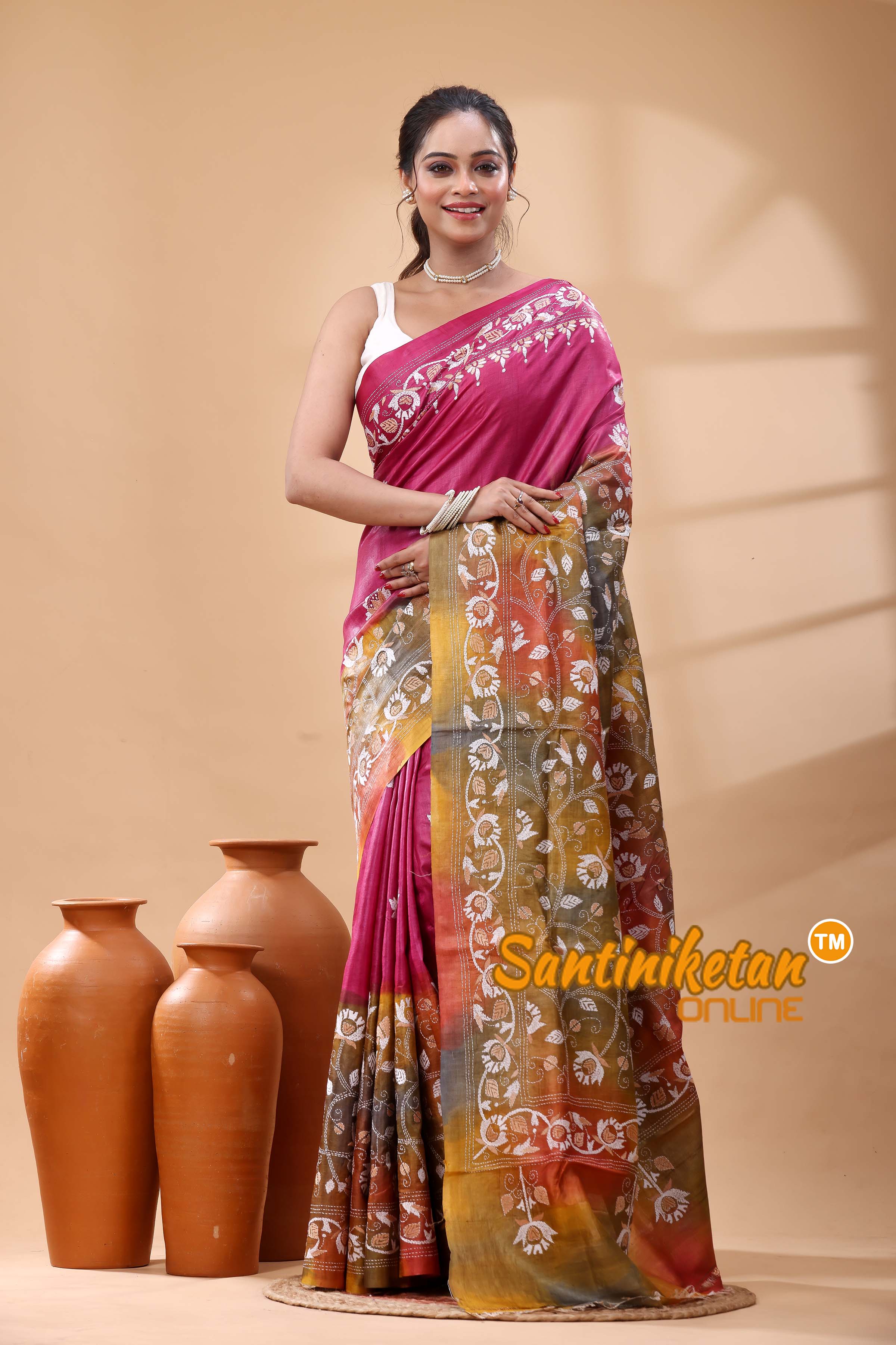 Pure Dye Tussar Silk Kantha Stitch Saree