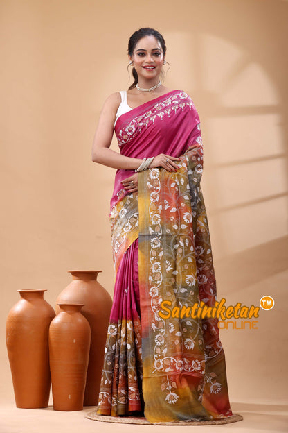 Pure Dye Tussar Silk Kantha Stitch Saree