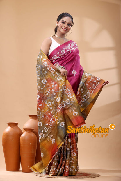 Pure Dye Tussar Silk Kantha Stitch Saree
