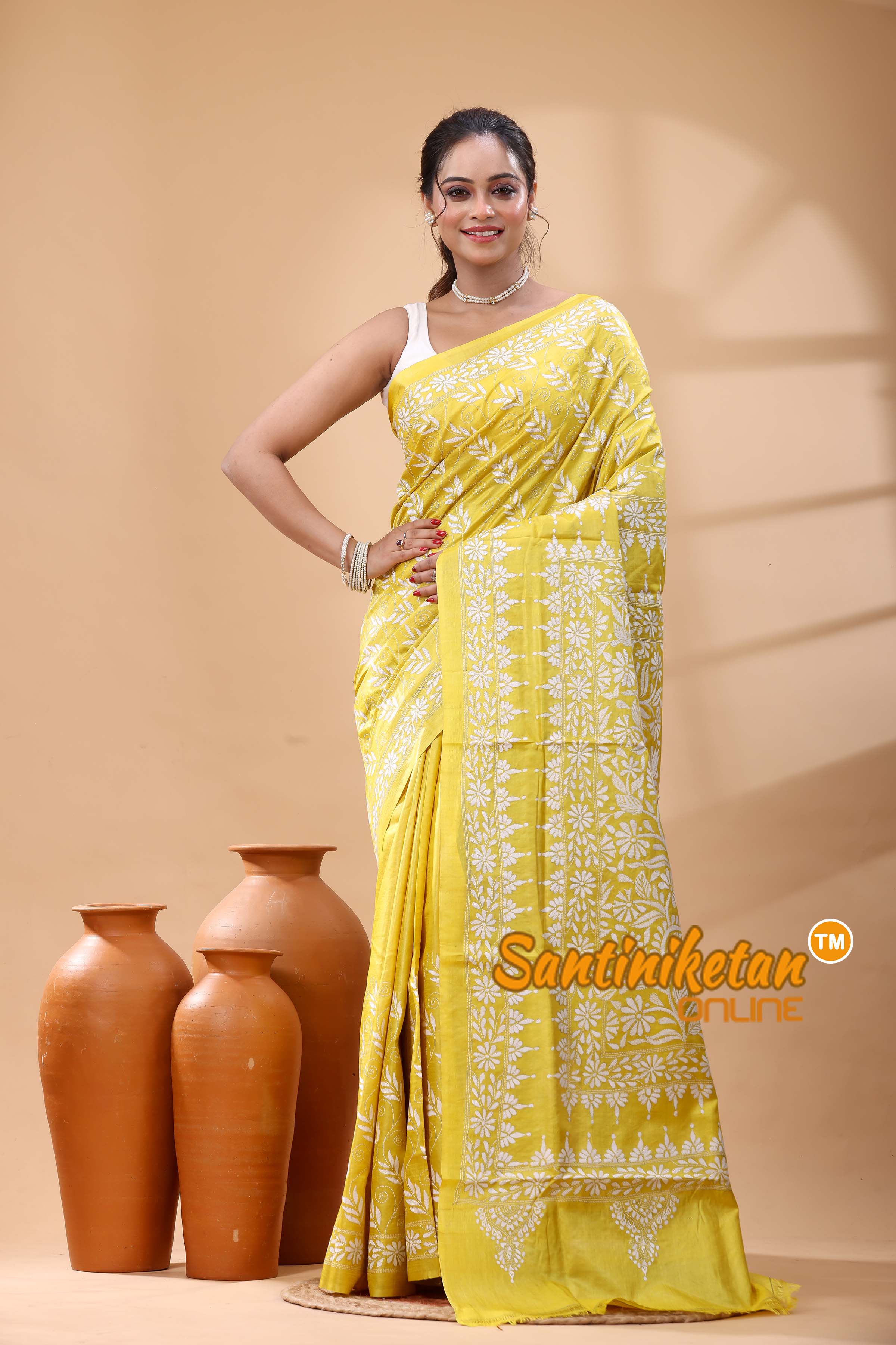 Pure Dye Tussar Silk Kantha Stitch Saree