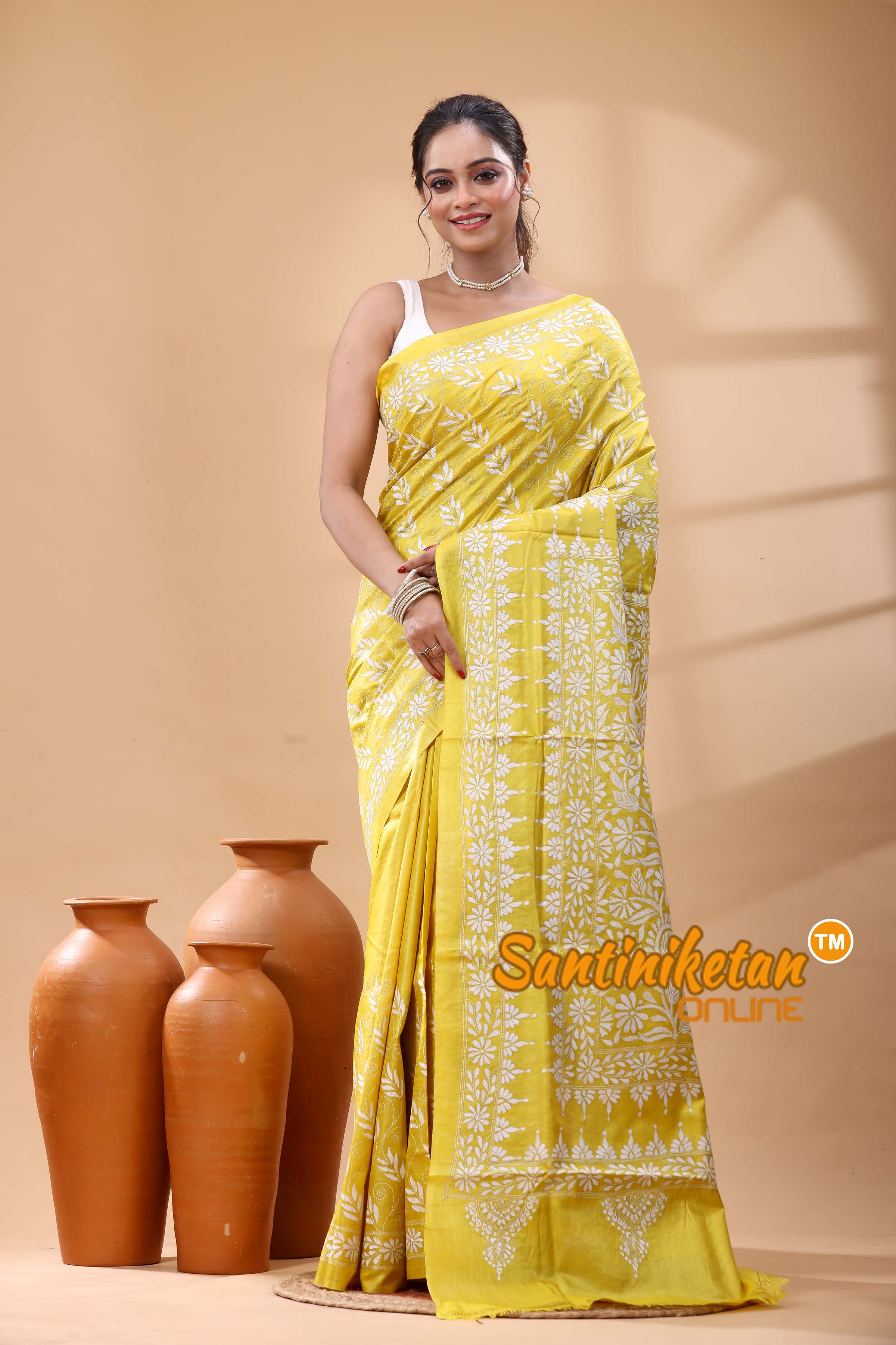 Pure Dye Tussar Silk Kantha Stitch Saree