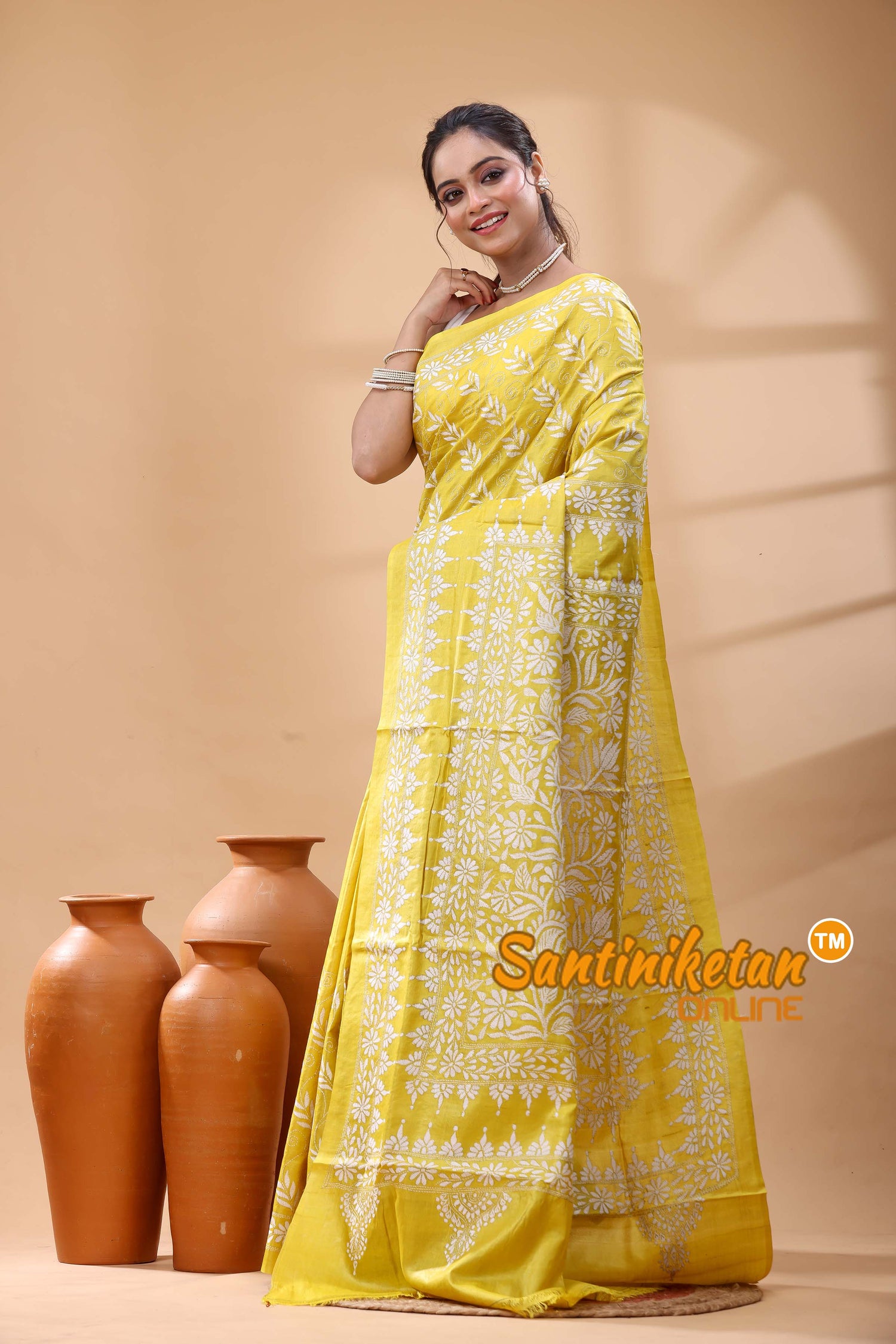 Pure Dye Tussar Silk Kantha Stitch Saree